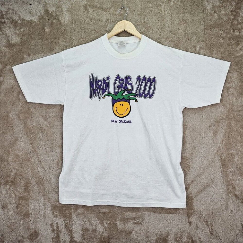 Jerzees Mardi Gras 2000 New Orleans T-Shirt Men's Size L White Graphic Print